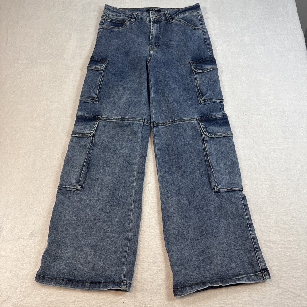 Fire & Rain Jeans Womens 11 Blue Cargo Wide Leg Stretch Mid Rise Acid Wash Denim